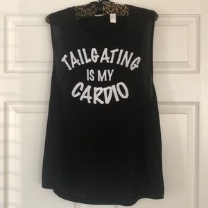 Tailgating in my cardio ladies black tank top